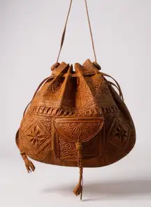 Vintage Tooled Leather Saddle Shoulder Tan Sling bag Large