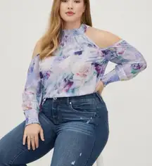 Torrid Watercolor Floral Georgette‎ Smocked Neck Cold Shoulder Blouse 1X