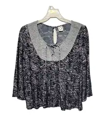 Gray Lace Cropped Top Printed Crisscross Necktie Boho Flare Sleeve