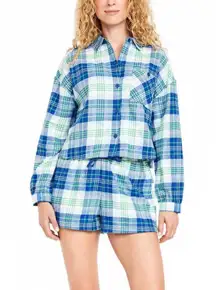100% Cotton Plaid Flannel Pajama Set Old Navy PJ Blue Green White NWT Medium