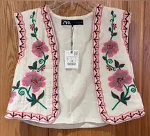 ZARA Floral Embroidered Open Front Lined Cotton Vest Ecru Pink Purple Size Large