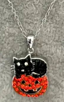 Pumpkin Black Cat CZ Necklace