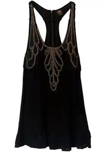 Free People  Racerback Top Size 4 Black Zip Back Ruffle Hem Metallic Beaded Trim