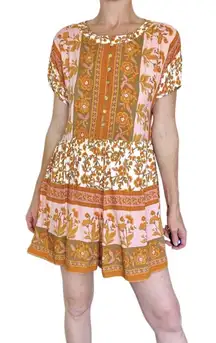 Orange & Pink Floral Geometric Bohemian Oversized Short Sleeve Romper