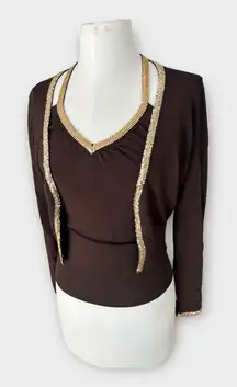 Vintage Y2K bebe Halter Top & Cardigan Set with Gold Chain Trim Brown Sz S/M