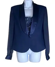 JR Nites by Caliendo Size 10 Jacket Sheer Sleeves Beaded Vest Satin Trim Blue