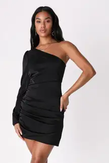 NWT Lulu's Happy Hour Chic Black Satin Ruched One-Shoulder Mini Dress Size XS