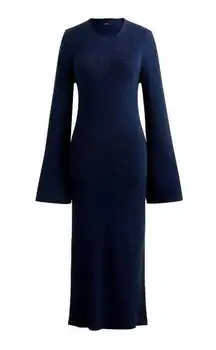 J.Crew NWT  Ribbed Knit Midi in Navy Blue Stretch Long Flare Sleeve Dress XS