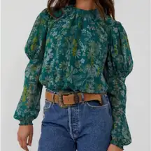 Free People NWT Sea Combo Clarissa Floral Print High Neck Smocked Blouse XS