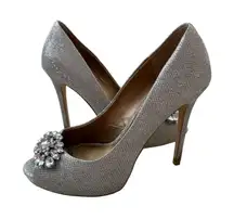 BADGLEY MISCHKA Belle Silver Jeweled Peeptoe Heels Size 7.5
