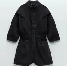 Zara Black Denim Short Sleeve Romper Jumpsuit Snap Button Up Sie M