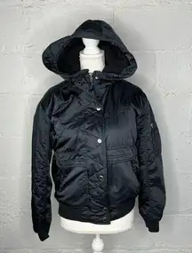 American Eagle Women's Satin Hooded Ribbed Bomber Black Jacket Size Small