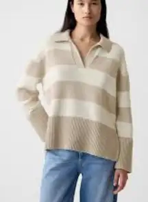 GAP 24/7 Split Hem Knit‎ Polo Sweater Size Small in Cream Rugby Stripe NEW