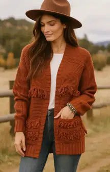 Anthropologie moon river terra cotta fringe‎ boho autumn fall sweater cardigan S