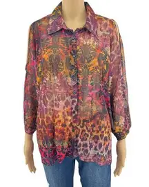 Bongo 3X Womens Orange Pink Sheer Floral Leopard Lace Back Top Blouse Shirt