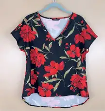 Black & Red Floral Print Curve Hem Short Sleeve Shirt Top Small