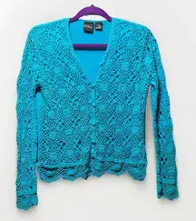 Vintage Erika Top Crochet Long‎ Sleep Button Front Blue Y2K 90s Cardigan Sweater