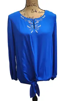 CHAUS Botanical Beauty Azure Sky Beaded Tie Front Blouse Size Small Style 135000