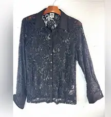 Anne Klein L Whimseygoth Black Lace Crystal Sequined Button Down Shirt