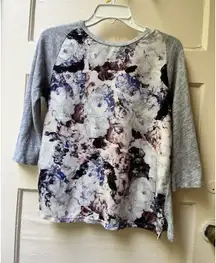 ZARA Womens Linen Floral Blouse Small Gray Roses Long Raglan Sleeve Pullover