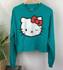 Hello Kitty Blue Graphic Print Long Sleeve Cropped Cotton T Tee Shirt L