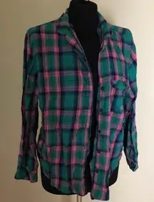 Victorias Secret Green and Pink Plaid Button-Up PJ Top