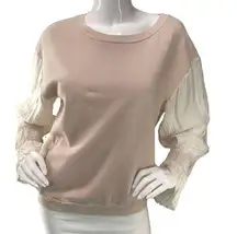 Stateside Womens Size S Sweater Top Blush Pink Jersey Cream Gauze Balloon Sleeve