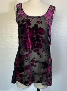 Black and purple floral mesh tank top with lace trim