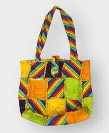 Quilted Rag Patchwork Rainbow Tote Bag Handmade Purse