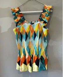 Torrid Blouse Womens 1X 14 16 Geo Multicolor Peplum Crinkle Gauze Tank Smocked