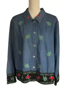 Vintage Denim Christmas Flower embroidered trim button shirt.
