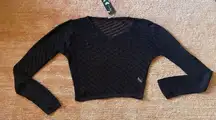 Fayenne Crochet Black Women's Long Sleeve Sweater -Mesh V-neck Size M New