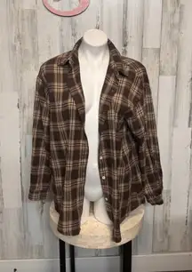 Brown Plaid Flannel Button Down Shirt Oversized Cozy Size Small NWT