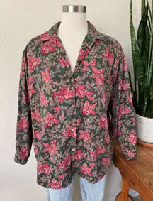 Vintage fall top Berry Floral Button Down Blouse 100% Cotton teacher large
