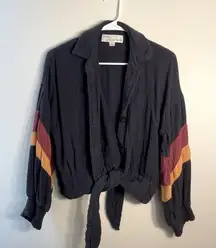 Vintage Havana Sweater Jacket Dark Navy Blue Striped Sleeves Draped Tie Soft