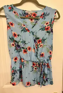 Moa Moa Blue Floral Wrap Tie Waist Sleeveless Blouse Feminine Casual Top Small