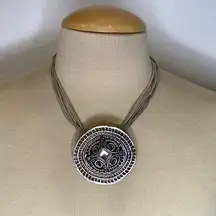 Chico’s Silver-Tone Byzantine Style Medallion Pendant Necklace Crystal EUC OS