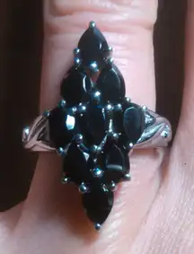 Thai Black Spinel Stainless Steel Elongated Diamond Shape Cluster Ring (Size 7)
