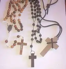 Lot of 3 Light Brown & Brown Wooden Beaded Religious Catholic Rosary Necklaces