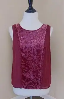 NEW  Lace & Mesh Burgundy Velvet Burnout w Ruffle Sleeveless Top Medium