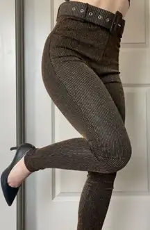 Gold Pinstripe Brown High-Waisted Pants Leggings with Belt‎