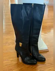 MICHAEL Michael Kors Knee-High Black Leather Heel Boots with Gold MK Size 7M
