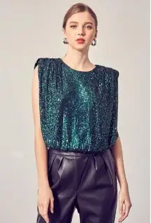 Do + Be Sequin Jewel Green Shoulder Pad Tank Top