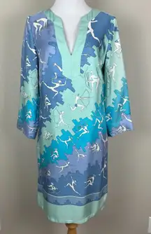 J‎ McLaughlin Dress Women 2 Blue Silk Shift 3/4 Sleeves Split V-Neck Above Knee