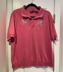 VTG Blair Size L Pink Floral Embroidered Short Sleeve Polo Shirt Ribbed Waist