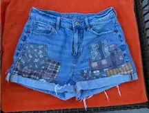 American Eagle Denim Jean Mom Shorts Size 4 Patchwork Rolled Cuffs Distressed