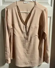 Calvin Klein‎ Pale Blush Shimmery Half Front Zip Long Sleeve Blouse Size Large