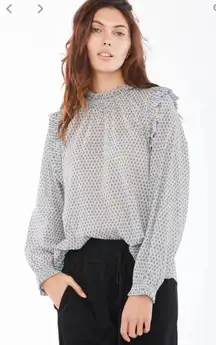 NWT SUNDAYS Alexa Blouse Ruffle Blouse White Gray Cotton Printed Medium