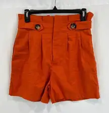 Burnt‎ Orange Paper Bag High Waisted Cotton Linen Blend Shorts