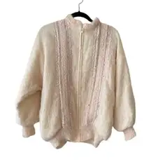 Vintage 80s Mohair Blend Zip-Up Cardigan Fuzzy Puffy Sleeves Ribbed Cuffs Retro